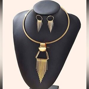 Gold Tassel Fringe Statement Choker Necklace Earrings